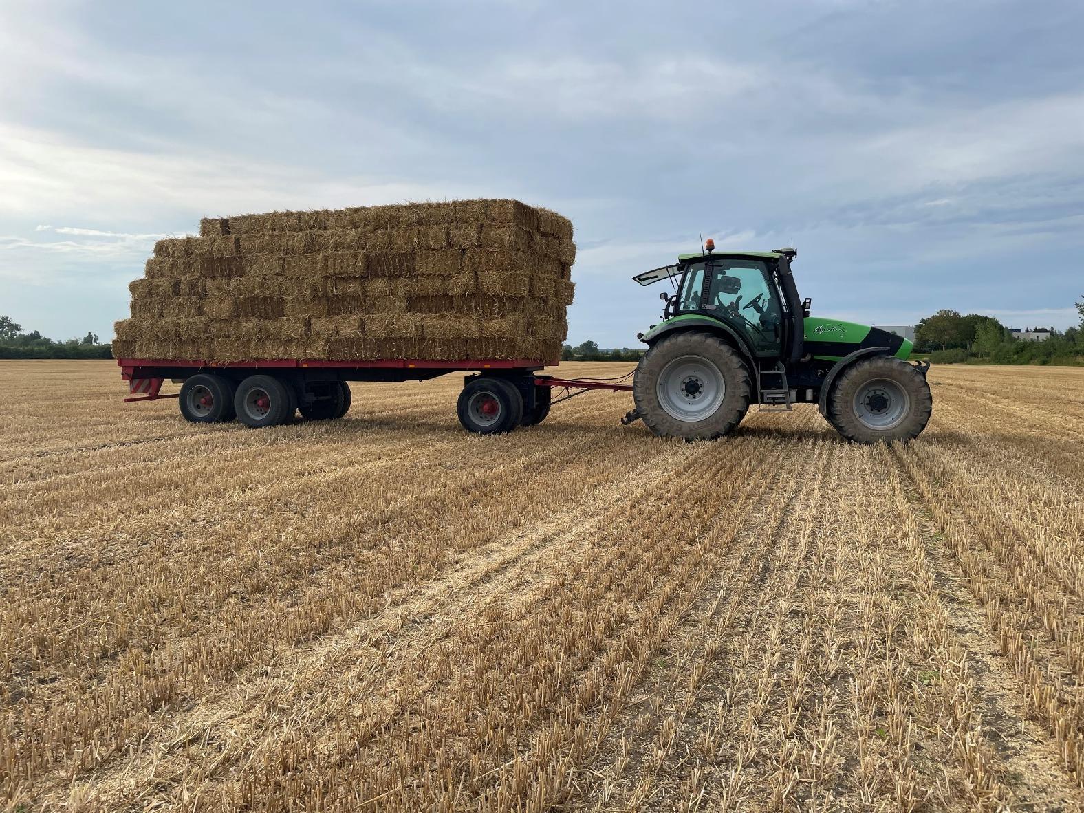 Deutz-trekker met een wagen vol strobalen op het stoppelveld